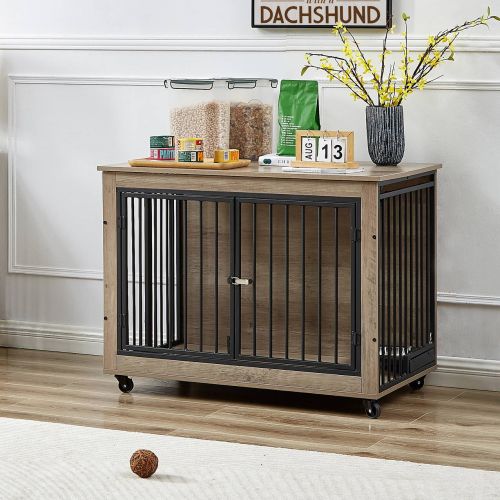 Dog Crate Side Table With Rotatable Feeding Bowl Three Doors Flip-Up Top Opening Dog Crate Side Table With Rotatable Feeding Bowl Three Doors Flip-Up Top Opening